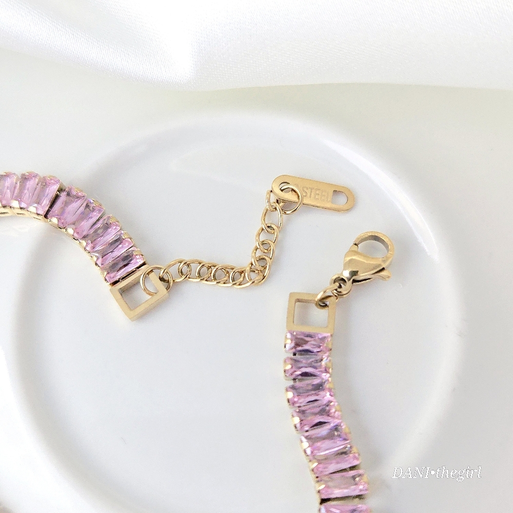 NEW Gold Tennis Bracelet With Pink Emerald Cut Stones - Picture 3 of 7